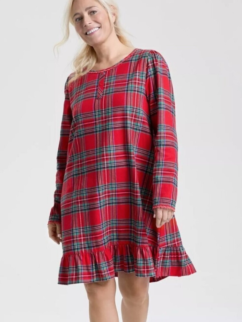 Women's Red Plaid Ruffle-Hem Sleep dress